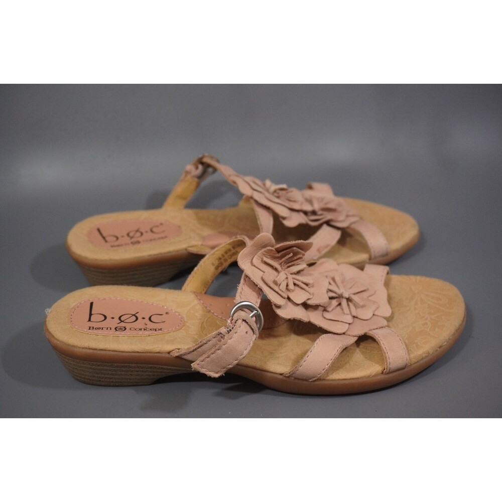 Born Womens Sz 6 Pink Leather Strappy Wedge Sandals Floral Flower Ankle Strap